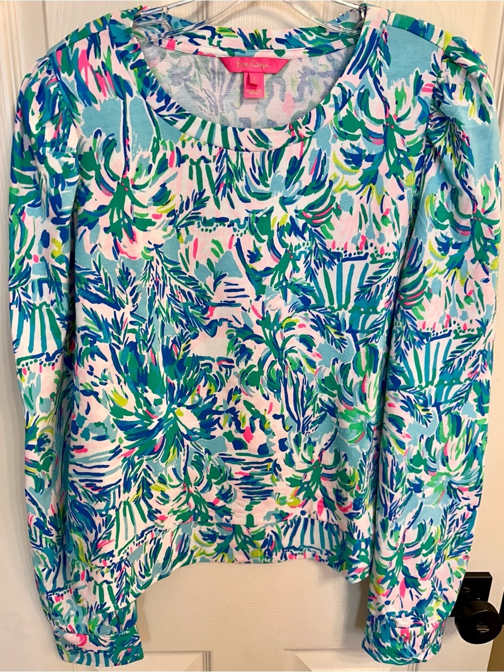 Lilly Pulitzer Jansen Long Sleeve Sweatshirt in Blue Ibiza Cabana Cocktail Sz L